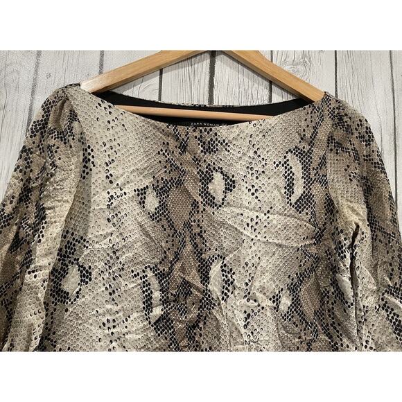 Zara Woman Sm Women's Cream Black Snake Print Blouse Top Animal Snakeskin Flowy - Picture 7 of 8